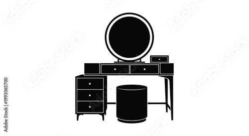 Modern vanity table with circular mirror and stool a striking silhouette