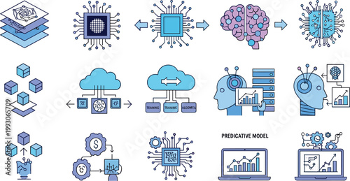 Artificial Intelligence and Machine Learning Icon Set with Brain, Chip, Neural Network, Cloud, Predictive Model, and Robot Elements for Technology and Digital Designs