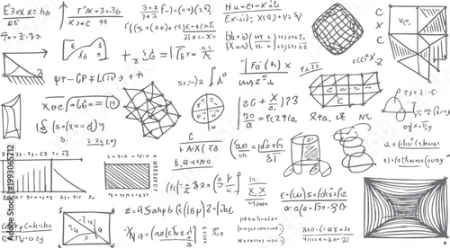 Hand drawn mathematical equations diagrams and geometric shapes on white background mathematics formula