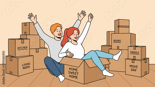 Happy Young Couple Celebrating Moving into New Home with Many Cardboard Boxes and Packages Illustration