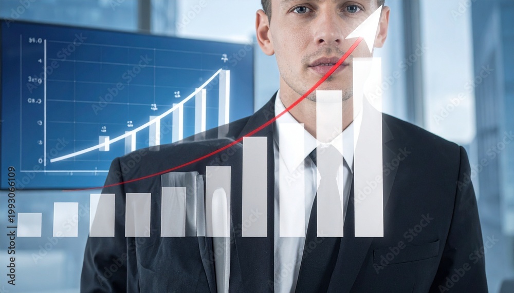 Fototapeta premium Businessperson with suit stands before rising bar chart and upward red line; composition symbolizes success, growth, and financial progress.