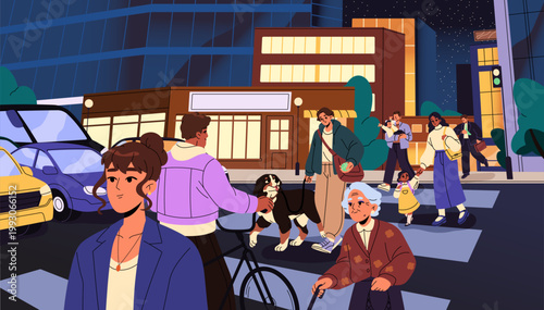 Crowd of pedestrians is on crosswalk at night. Cars stand on traffic light and people cross city street. Men and women with dogs, kids and bicycles are walking on zebra. Flat vector illustration.