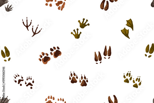 Repeatable pattern of different animals' tracks. Endless background of paws and hooves foot prints. Traces of bear, birds, deer, footprints of elk, tiger and frog. Flat seamless vector illustration.