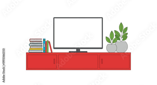 A minimalist living room setup with a tv books and plants