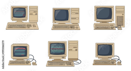 Bild auf Leinwand Collection of vintage computer setups displayed in a cartoon style