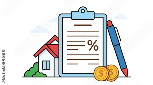Mortgage Loan Agreement with House and Interest Rate on Clipboard Vector Illustration for Real Estate Finance and Banking