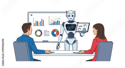 A robot presents data analysis to two business professionals in a meeting
