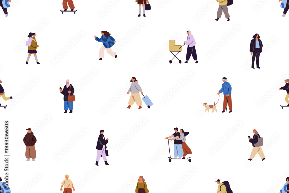 Naklejka premium Repeatable pattern of diverse tiny people walking. Men and women are skateboarding, strolling dogs, riding a scooter, holding phones, travel on endless background. Flat seamless vector illustration.