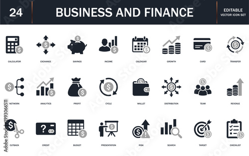 business and finance editable solid icon set with money, bank, check, law, auction, exchange, payment, wallet, deposit, piggy, calculator, web and more. vector illustration