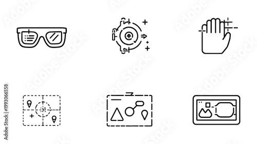 Futuristic Technology Icons: Set of six minimalist black line icons, each representing a facet of technological innovation and modern design.