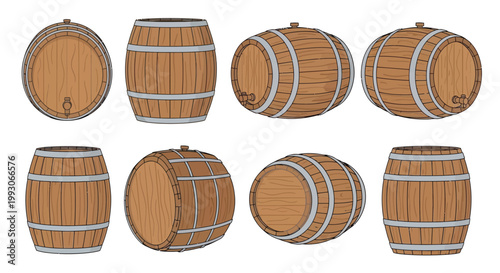 Illustration of wooden barrels in various perspectives and orientations