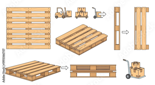 Wooden pallets forklifts and cardboard boxes in a logistics illustration