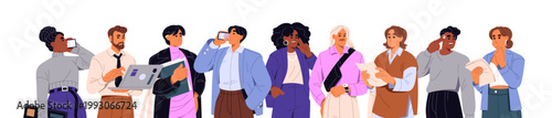 Business team standing together. Group of businesswomen and businessmen with phones, papers and laptops. Employees, men and women are in office. Flat isolated vector illustration on white background.