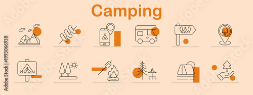 Camping set icon. Line symbols depict mountains landscape, hiking hands, mobile navigation, camper van, direction sign, forest location, camping board, trees, campfire cooking