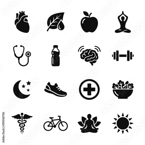 Health, fitness, and holistic wellness icon set. Solid black vector glyphs for medical healthcare, healthy lifestyle tracking, and modern app UI design.