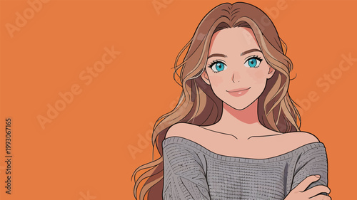 Young woman with long hair in casual off - shoulder top