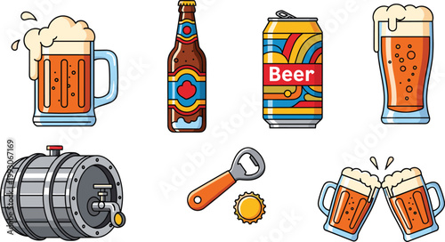 Beer Bottles, Cans, Mugs, Barrel, and Bottle Opener Illustrations for Beer and Alcoholic Beverage Designs