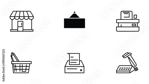 Simplified Store Icons: A collection of simple, yet comprehensive, vector icons that represent various aspects of a retail store, from the building itself to the tools used for transactions.