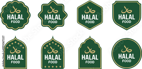 Halal food label vector set with green and gold badges featuring Arabic calligraphy for Islamic dietary compliance product packaging restaurant menus and certified organic food branding