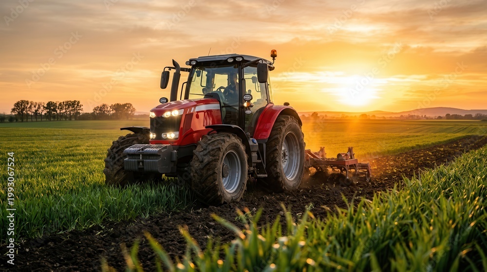 Fototapeta premium A red tractor works in a green field during a beautiful sunset.