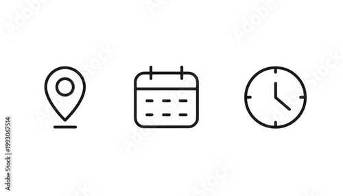 A set of three icons representing location, calendar, and clock