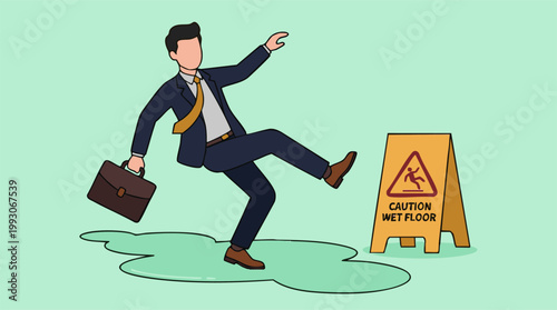Schilderij op canvas Businessman slipping on wet floor next to a caution sign at work