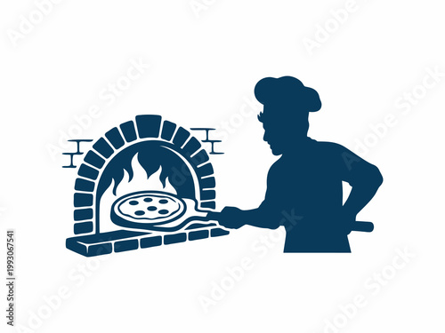 Chef silhouette putting pizza into traditional brick wood fire oven