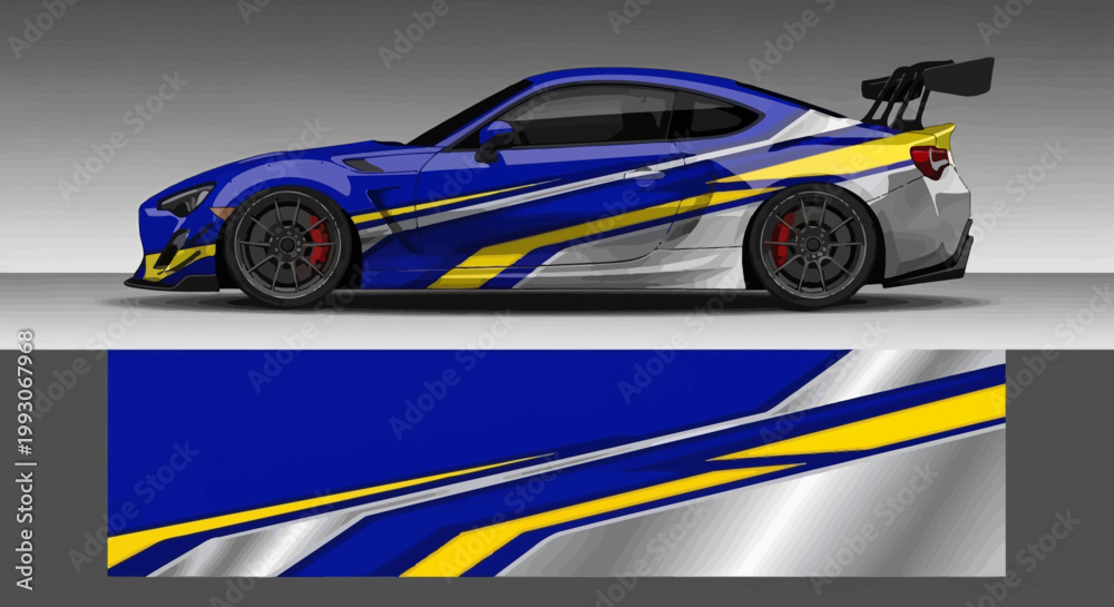 Fototapeta premium Blue racing car with dynamic vinyl wrap decal design