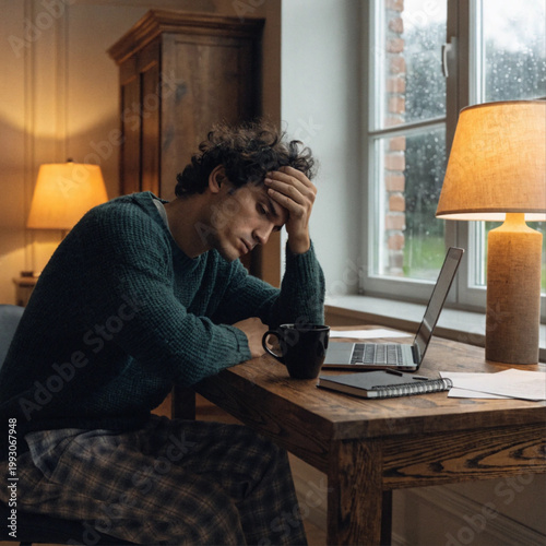 Stressed Freelancer Working Late on Laptop After Bad News in Home Office