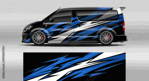 Blue and white racing livery design for black minivan