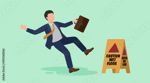 Tableau sur toile Businessman slipping on wet floor next to caution sign, accident illustration