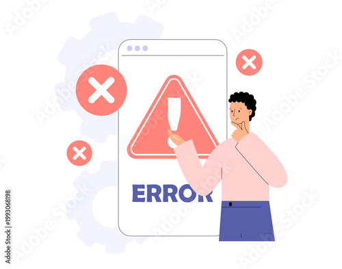 Error message. System error on smartphone screen with alert sign and people. Mobile app failure, software issue and troubleshooting concept in flat illustration. Flat vector illustration
