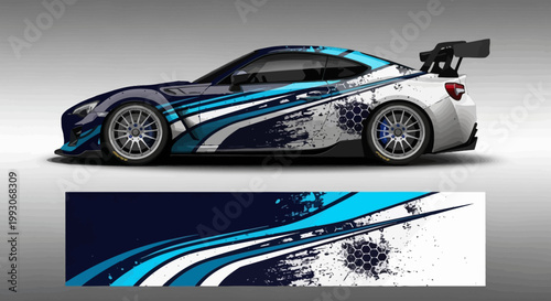 Modern racing car wrap design with blue graphic decals
