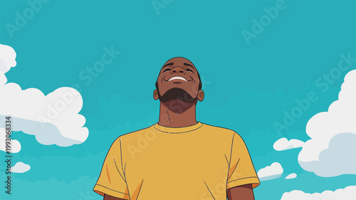 Joyful Man in Yellow Shirt Under Blue Sky