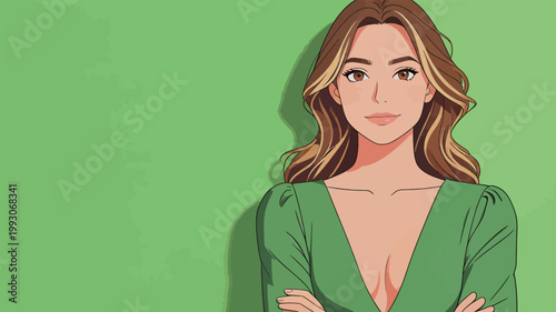 Stylish Woman with Wavy Hair in Green Dress