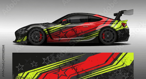 Modern racing car wrap design with red and black stars