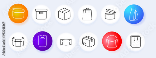 Box packaging set icon. Line style icons display storage box, cube package, paper bag, cosmetic jar, round box, shopping bag, flexible pouch, delivery case, folded carton, plastic bucket
