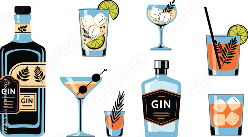 Gin Bottles, Glasses, and Cocktails with Lime, Ice, and Garnishes for Gin and Cocktail Drink Designs
