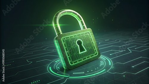 Cybersecurity concept with glowing green unlocked padlock icon on dark digital background data protection and privacy risk theme