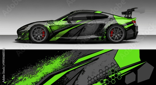 Modern sports car racing livery wrap design in green
