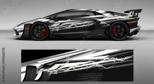 Modern sports car with abstract black and white wrap design