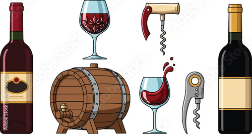 Red Wine Bottle, Glass, Barrel, Corkscrew, and Wine Accessories for Wine Enthusiast and Beverage Designs