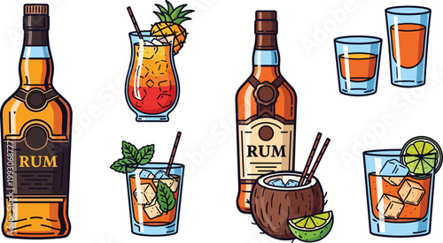 Rum Bottles, Cocktails, and Glasses with Ice, Fruit Garnishes, and Mint for Tropical Drink and Beverage Designs