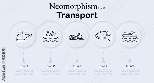 Transport set icon. Neomorphism style interface with helicopter aircraft, passenger boat with waves, snowmobile vehicle, side mirror, water scooter boat. Soft round buttons