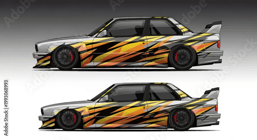 Racing car side view with modern geometric vinyl wrap design