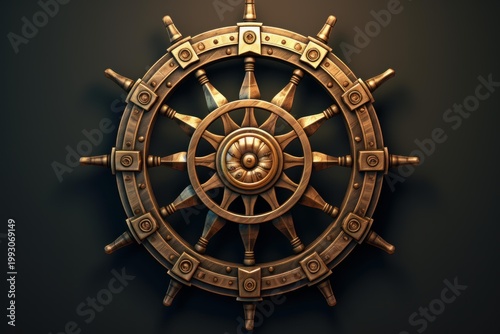 Golden and bronze ship wheel shining on a dark background, symbolizing leadership, navigation, and adventure