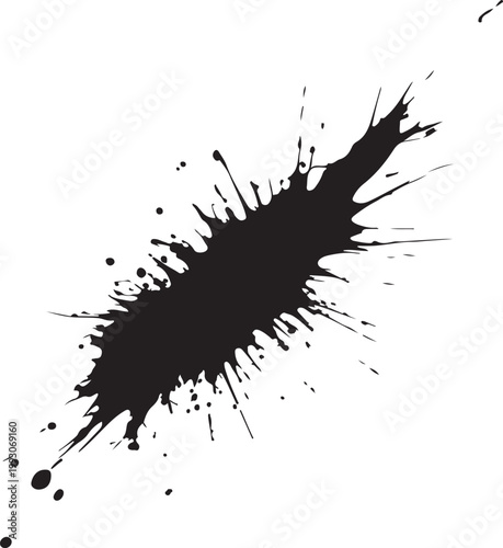 An explosive black ink splatter with numerous small droplets radiating outwards on a pristine white surface