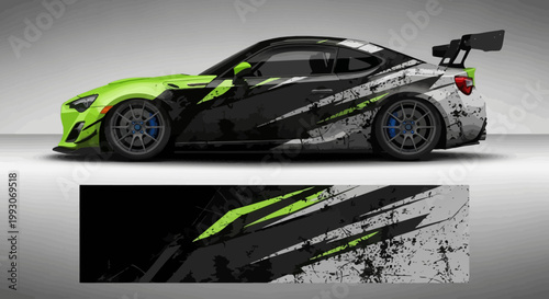 Sports car vinyl wrap design with green and black graphics