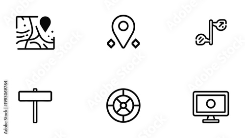 Navigation Icons Set: A concise set of various navigational icons are depicted, covering location, direction, and route information.