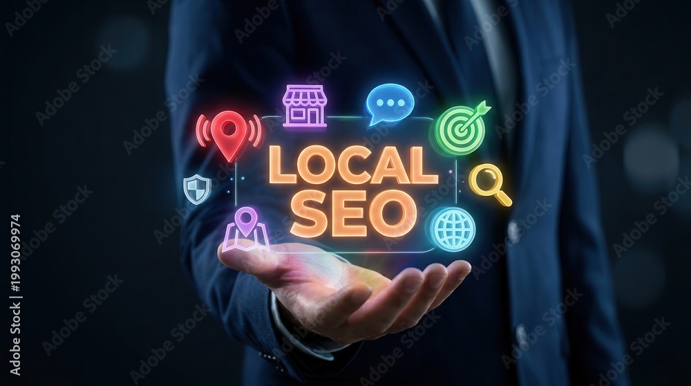Obraz premium A professional person presenting local SEO concepts with vibrant marketing icons.